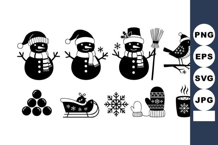 Black and white snowmen with winter accessories and Christma