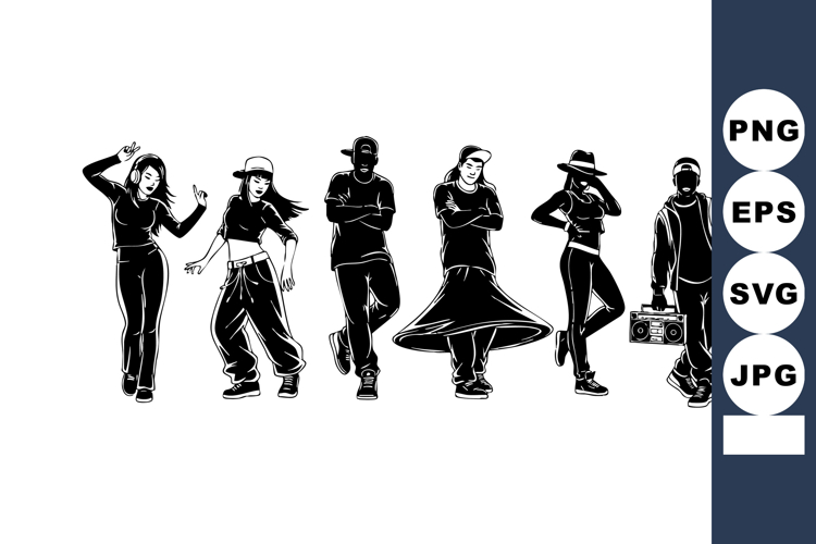 Group of diverse young dancers in dynamic poses black and wh