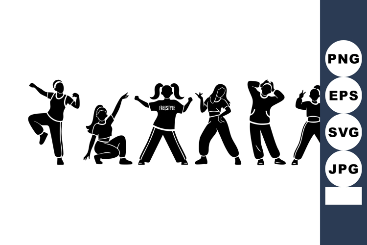 Silhouettes of six diverse dancers performing energetic mode