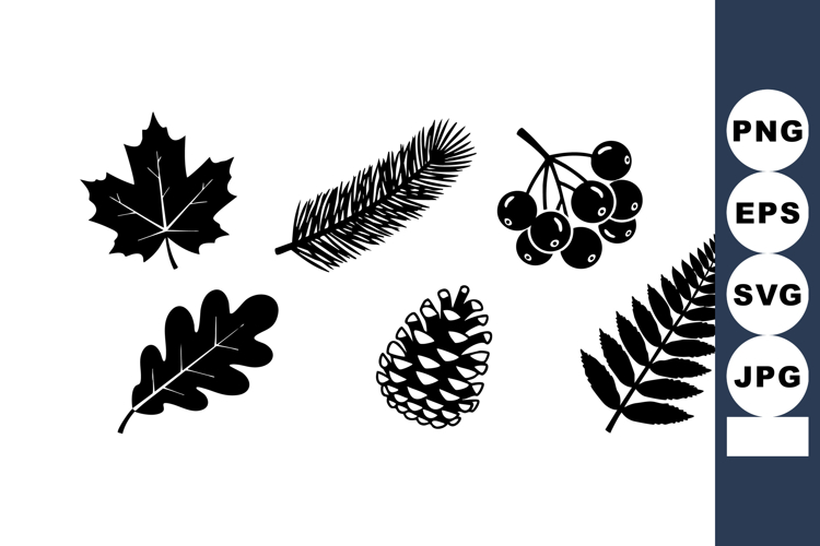 Collection of black silhouette autumn leaves and pine cone v