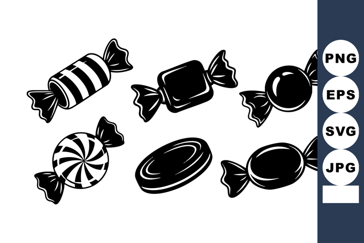 Assorted wrapped candies vector illustration in black and wh