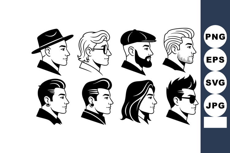 Male profile avatars with diverse hairstyles and accessories