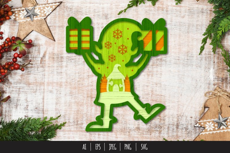 3D Elf with Gifts, Christmas Negative Space Layered Lasercut