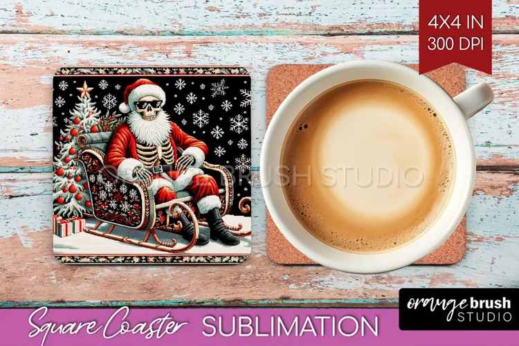 Christmas Skeleton Square Coaster - Skull Santa Sublimation