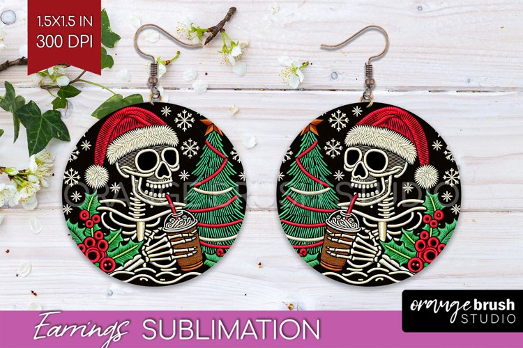 Christmas Skeleton Round Earrings, Santa Earring Sublimation