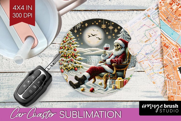 Christmas Skeleton Car Coaster PNG - Skull Santa Sublimatoin