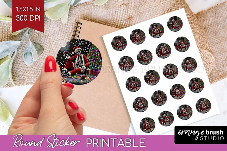 Christmas Skeleton Round Sticker - Santa Printable Stickers