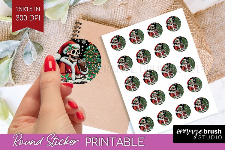 Christmas Skeleton Round Sticker - Santa Printable Stickers