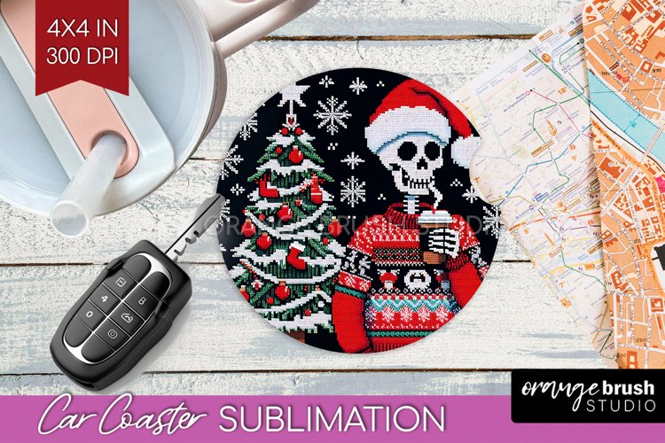 Christmas Skeleton Car Coaster PNG - Skull Santa Sublimatoin