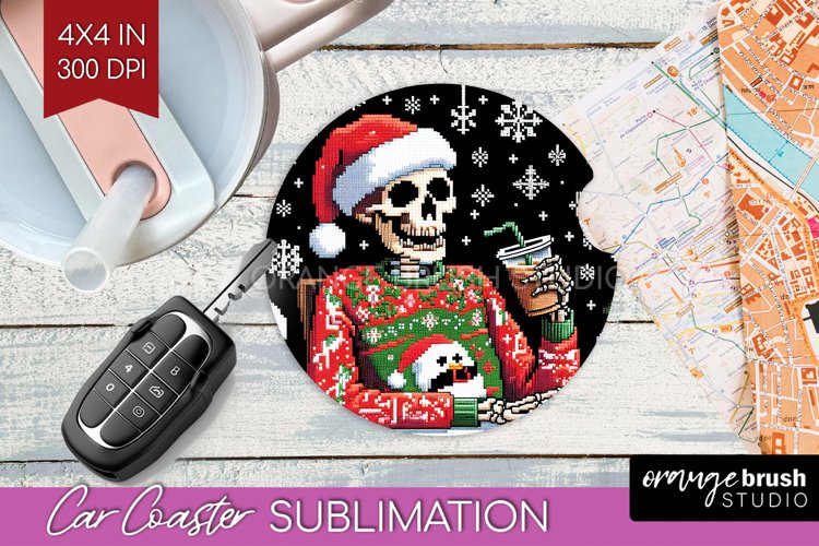 Christmas Skeleton Car Coaster PNG - Skull Santa Sublimatoin