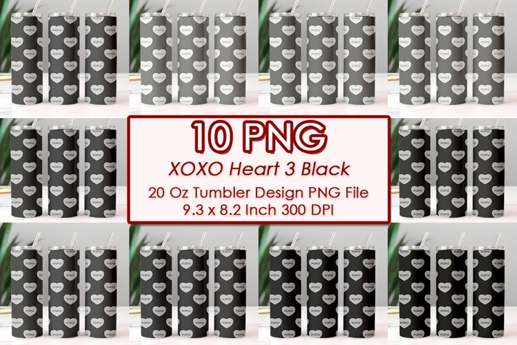 XOXO Heart 3 Black Valentine Tumbler Design 10 PNG