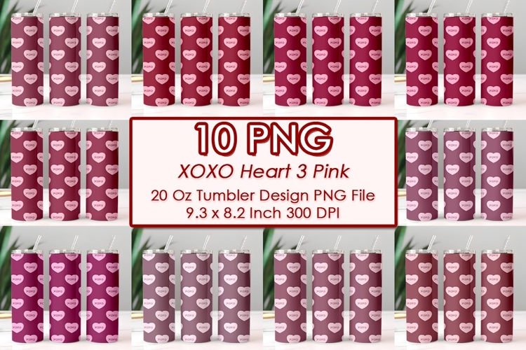 XOXO Heart 3 Pink Valentine Tumbler Design 10 PNG