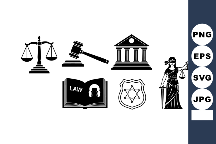 Law and Justice Symbols Vector Set with Scales, Gavel, Court