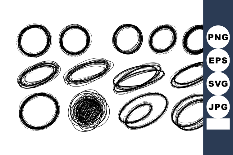 Hand-drawn black ink scribble circles in various sizes and s