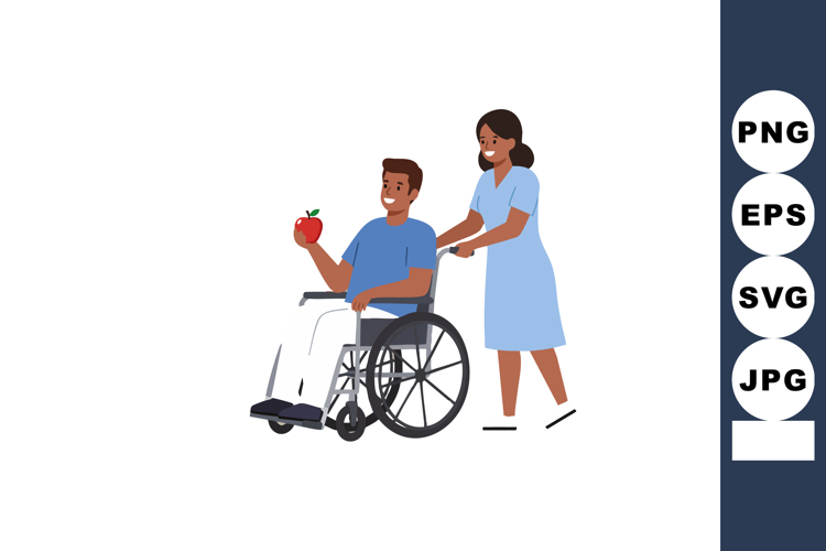 Man in wheelchair being pushed by woman helping with care an