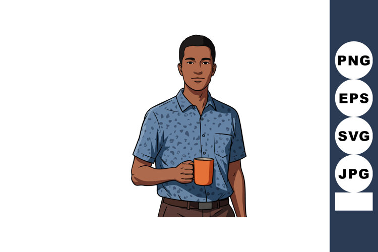 Man holding orange mug wearing blue shirt casual style vecto example image 1
