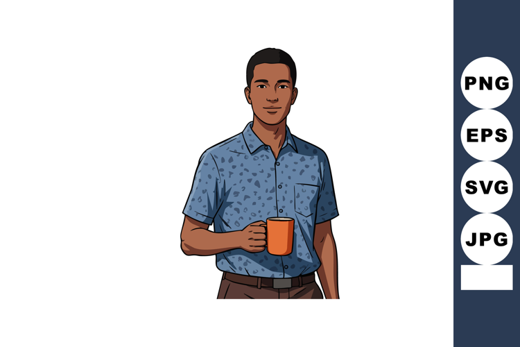 Man holding orange mug wearing blue shirt casual style vecto