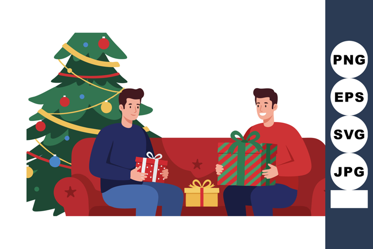 Two Men Sitting on Sofa Exchanging Christmas Gifts with Deco