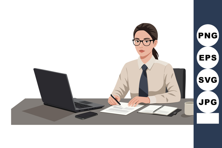 Businesswoman working at desk with laptop and documents in o