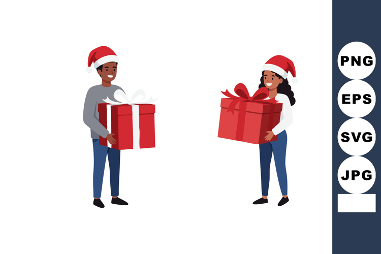 Children Holding Christmas Gifts Wearing Santa Hats Holiday