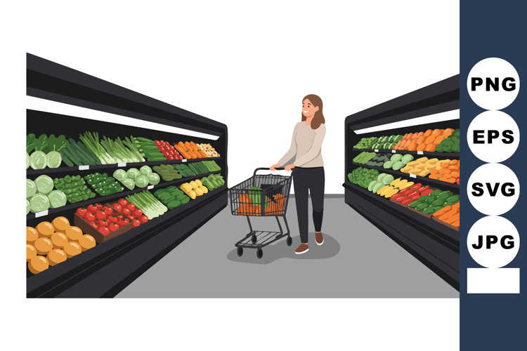 Woman Shopping Fresh Vegetables in Grocery Store Aisle with