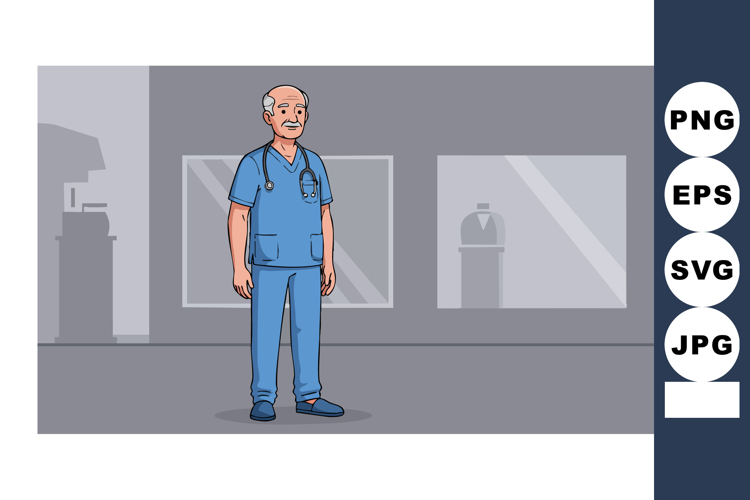 Elderly male nurse in blue scrubs standing in medical facili