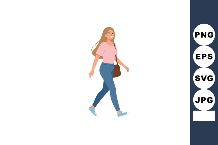 Young woman walking casual outfit bag blue shoes vector illu