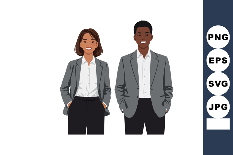 Businessman and businesswoman in gray suits standing confide