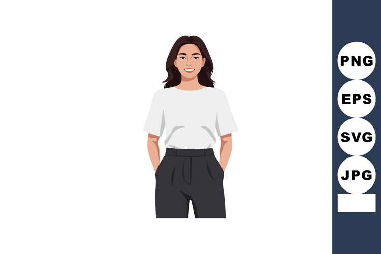 Young woman smiling in casual white shirt and black pants st