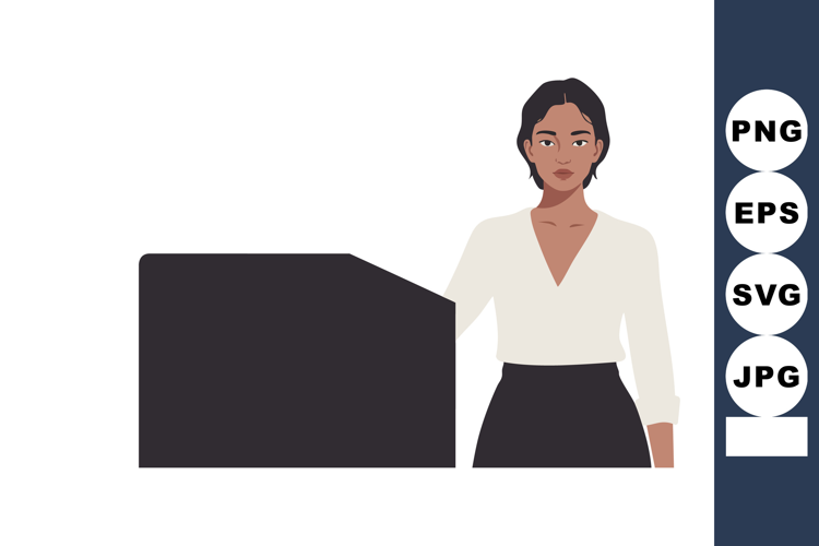 Businesswoman standing behind black desk in minimalistic sty