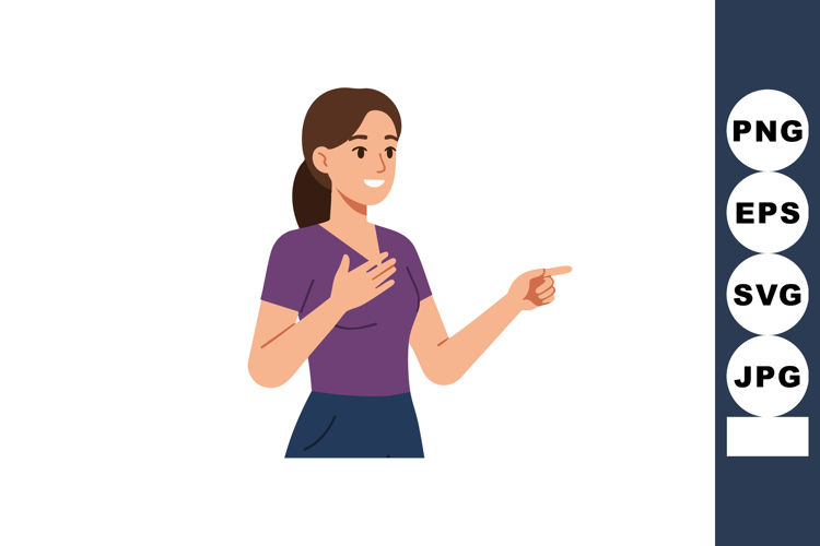 Young woman pointing with hand gesture smiling and speaking