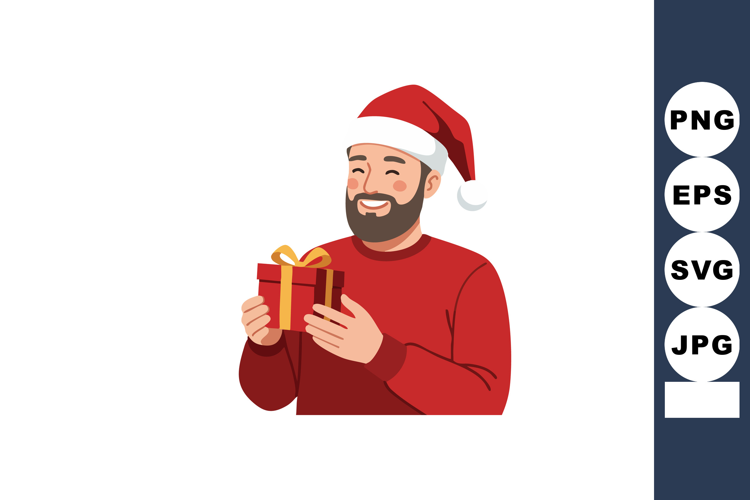 Man in Santa Hat Holding Gift Box Smiling Festive Christmas