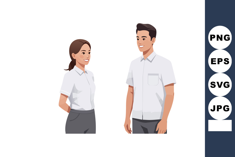 Young man and woman in white shirts casual standing talking