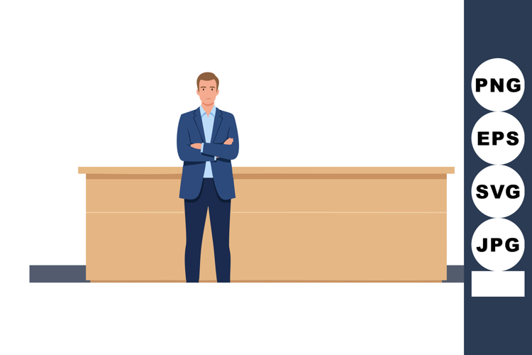 Businessman standing confidently behind wooden reception des