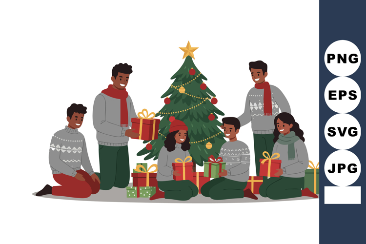Family Celebrating Christmas Around Tree with Gifts and Wint