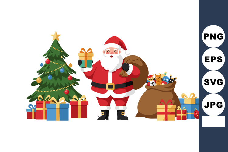Santa Claus with Christmas gifts and decorated tree for fest