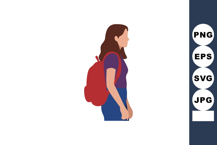 Woman with red backpack walking side view vector illustratio