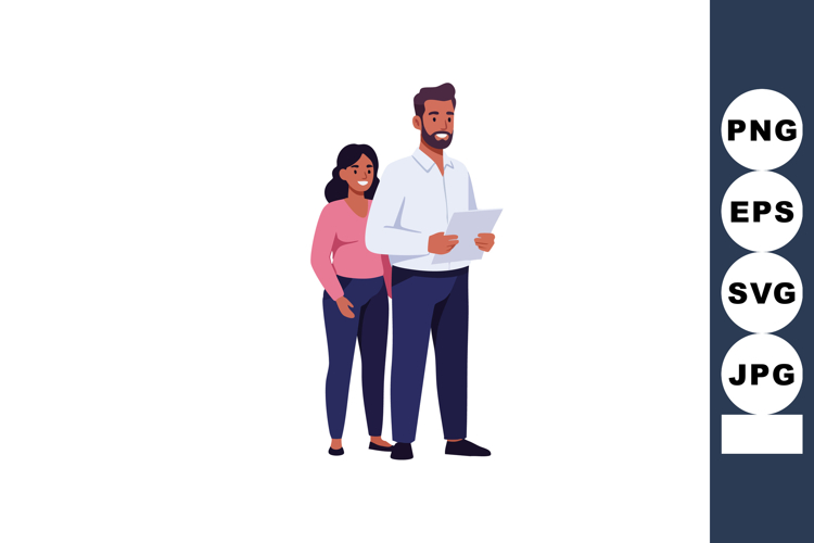 Man Reading Document with Woman Standing Behind in Casual Cl