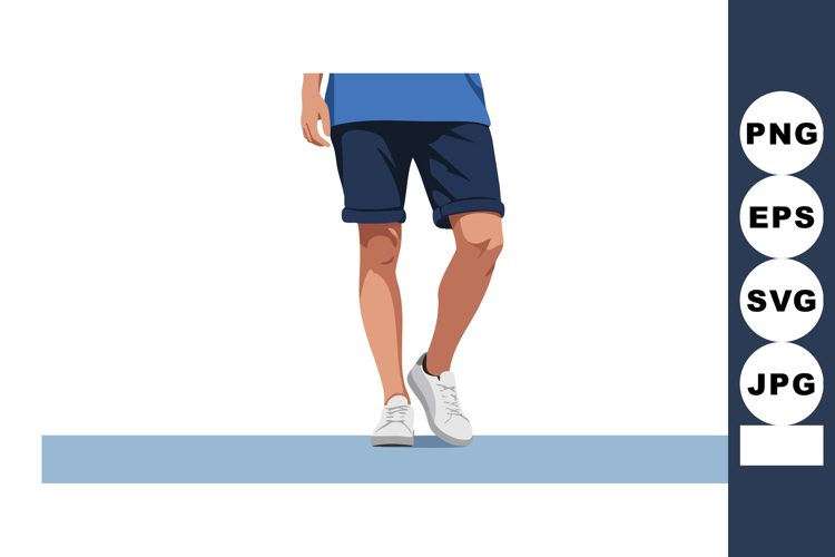 Male legs walking in casual blue shorts and white sneakers v