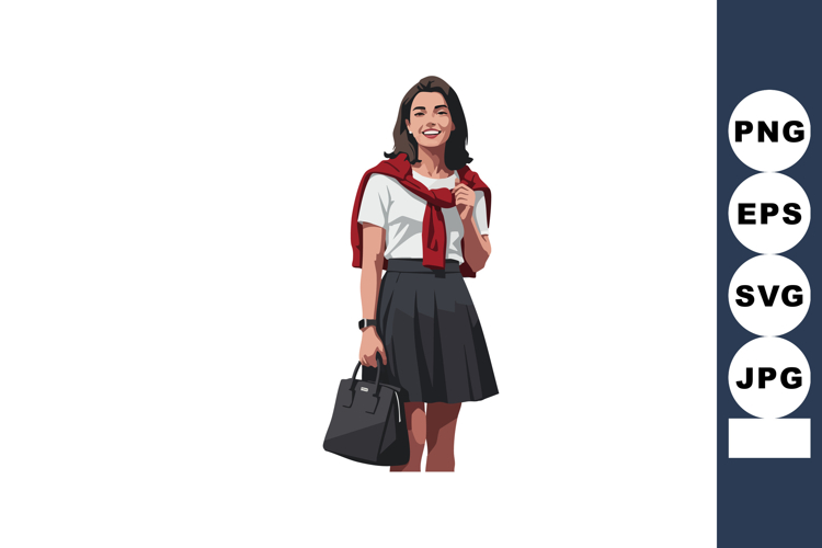 Young woman in casual outfit carrying handbag and sweater ve
