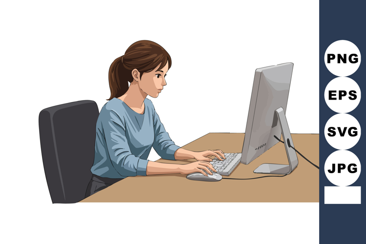 Woman typing on computer keyboard working at office desk in