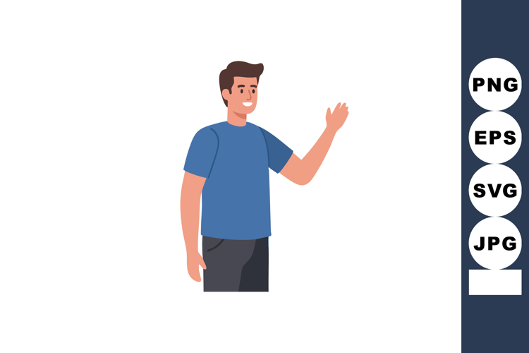 Young man waving hand in casual blue shirt friendly greeting