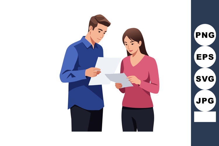 Young man and woman reading documents together in casual clo
