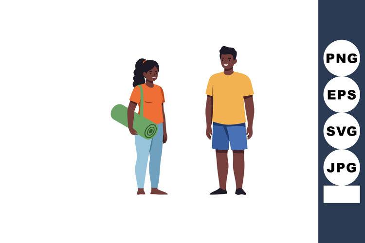 Young man and woman standing with yoga mat casual clothing v