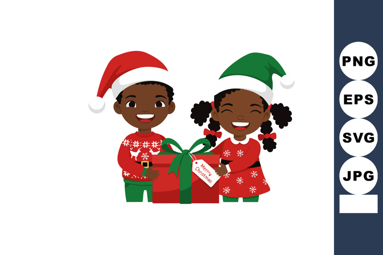 Children celebrating Christmas with red gift box and festive