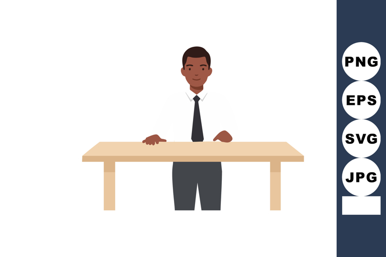 Businessman standing behind wooden table in formal attire ve