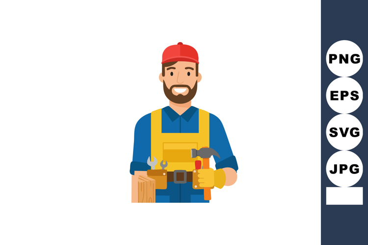 Male Carpenter Holding Hammer and Wooden Plank Wearing Blue