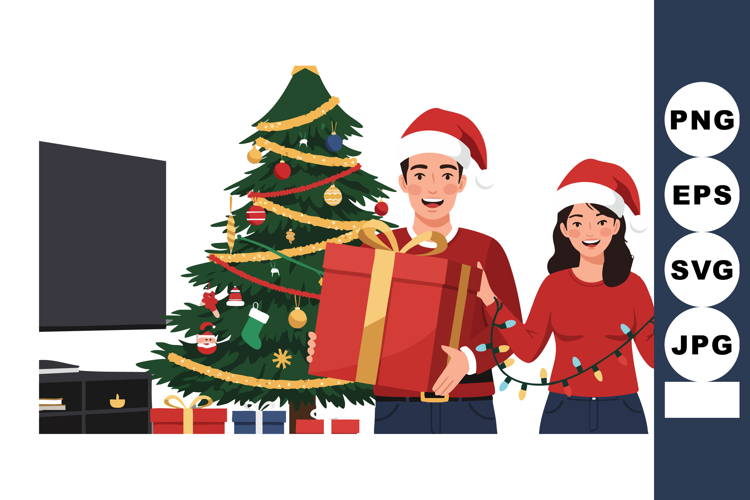 Happy couple decorating Christmas tree with gifts and lights