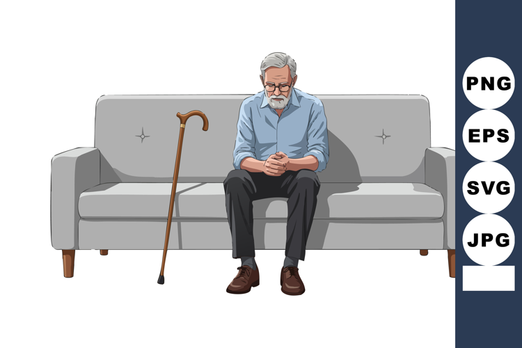 Elderly man sitting on grey sofa with wooden cane vector ill