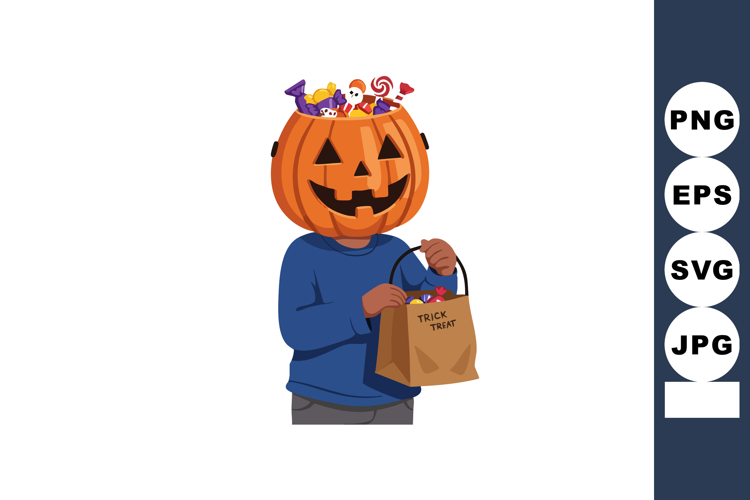 Halloween pumpkin head person holding trick or treat bag wit